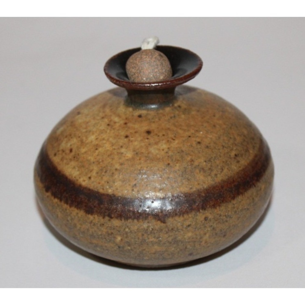 vintage 3 1/4" unsigned studio art pottery oil lamp banded brown unused